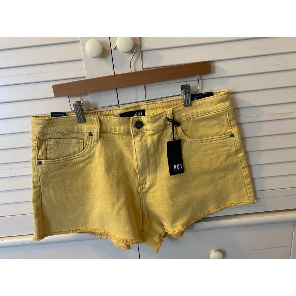 Kut Shorts High Rise Frayed Golden Sun Yellow Jane Hem 5 pocket zip Fly Size 14 - Picture 11 of 13